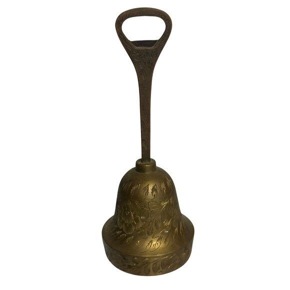 VTG 1990s Solid Brass Bell – Bottle Opener Handle, Engraved Leaf Pattern 7" Tall - Picture 1 of 6